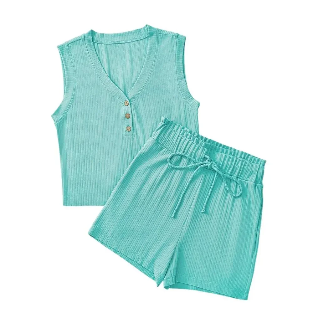 Mint Green Ribbed Button V Neck Tank Top and Shorts Set New S, M, L, XL